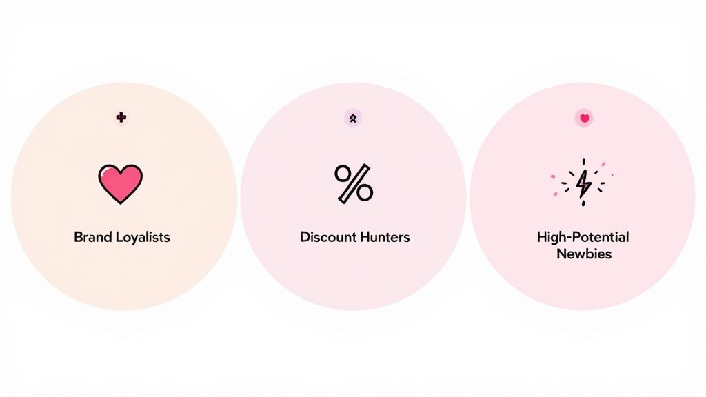 Infographic categorizing customer segments: Brand Loyalists, Discount Hunters, and High-Potential Newbies, crucial for business strategy.