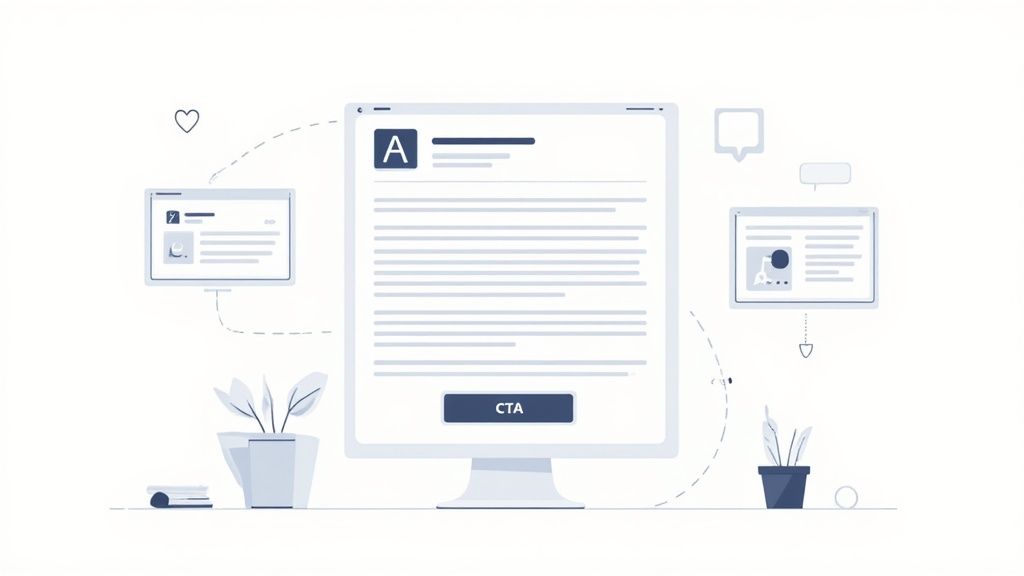 A diagram showing a LinkedIn post structure, broken down into hook, body, and CTA, with icons representing each part.