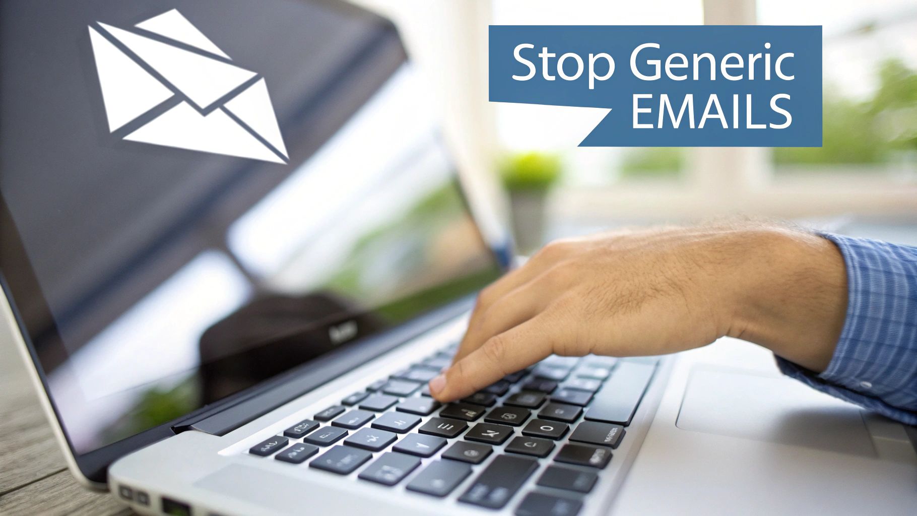 A person types on a laptop keyboard with an email icon on screen and a 'Stop Generic EMAILS' banner.
