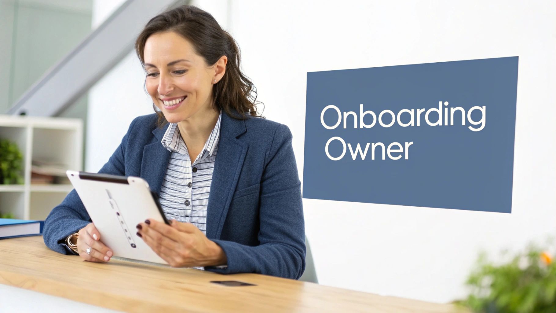 A smiling woman looks at a tablet at a desk, with an 'Onboarding Owner' sign.