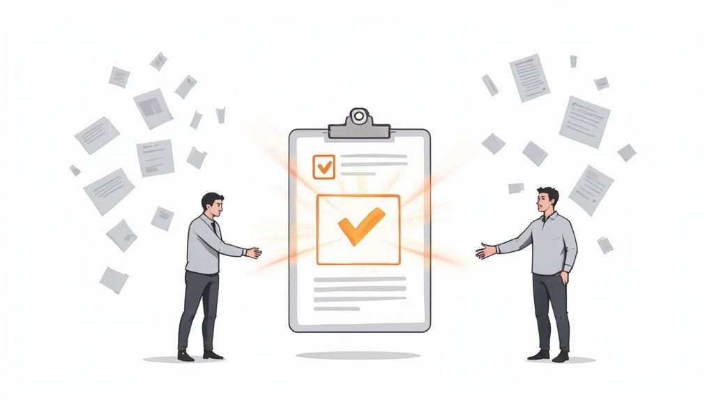 An SEO strategist and writer collaborating over a content brief document, symbolizing alignment and teamwork.