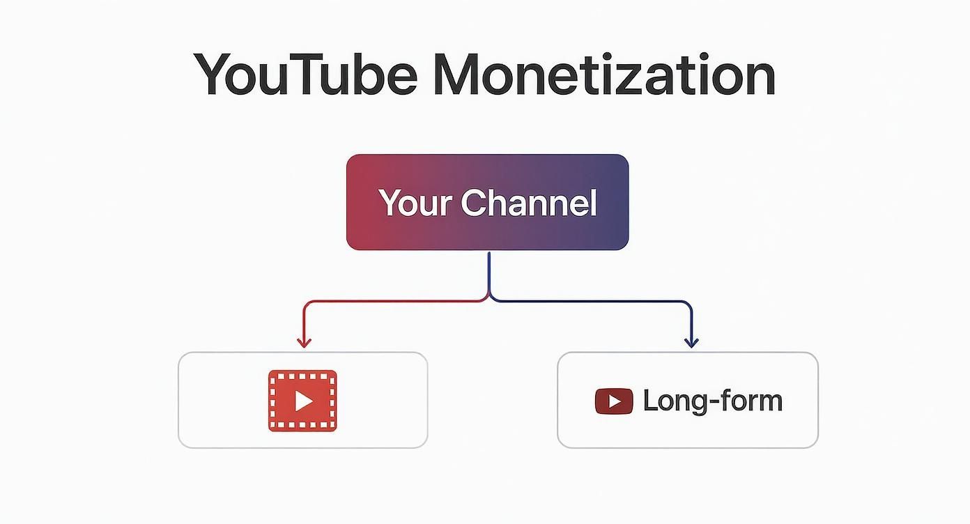 A flowchart illustrating YouTube monetization, detailing how a channel creates both short-form and long-form video content.