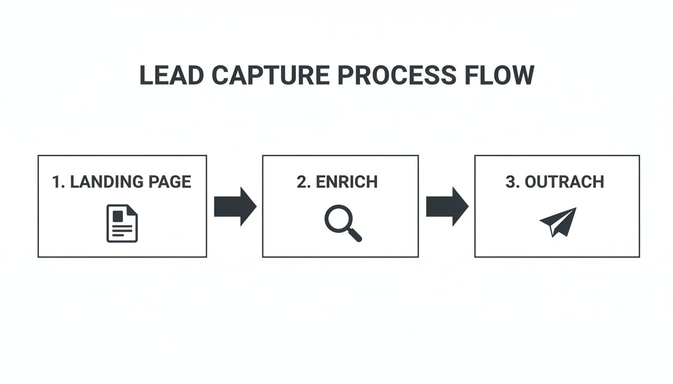 Lead capture process flow diagram illustrating steps: landing page, data enrichment, and outreach.