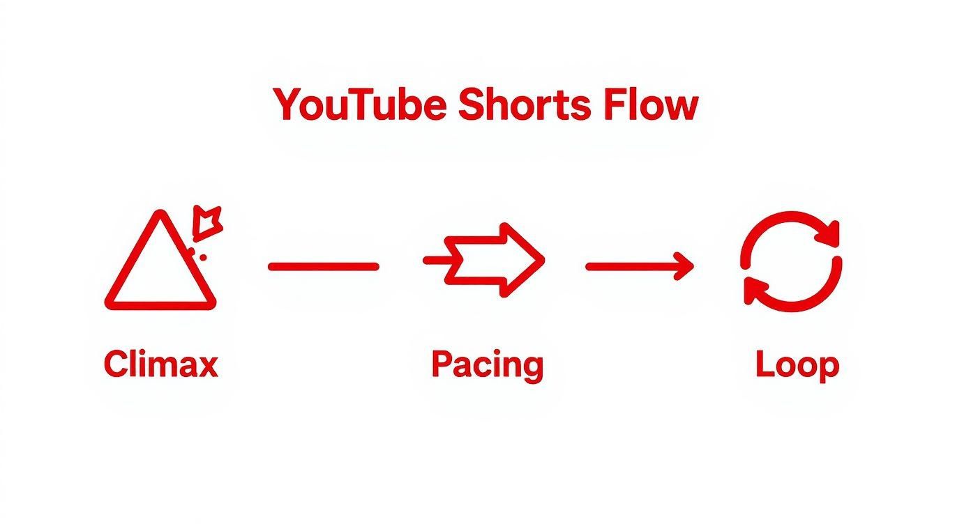 Infographic showing the three-step process for a YouTube Shorts script: starting with the climax, maintaining fast pacing, and creating a seamless loop.