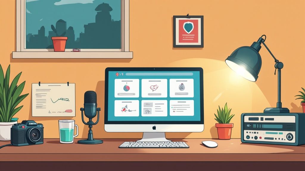 A person editing a video on a computer, with a professional microphone and camera setup nearby, indicating content creation in progress.