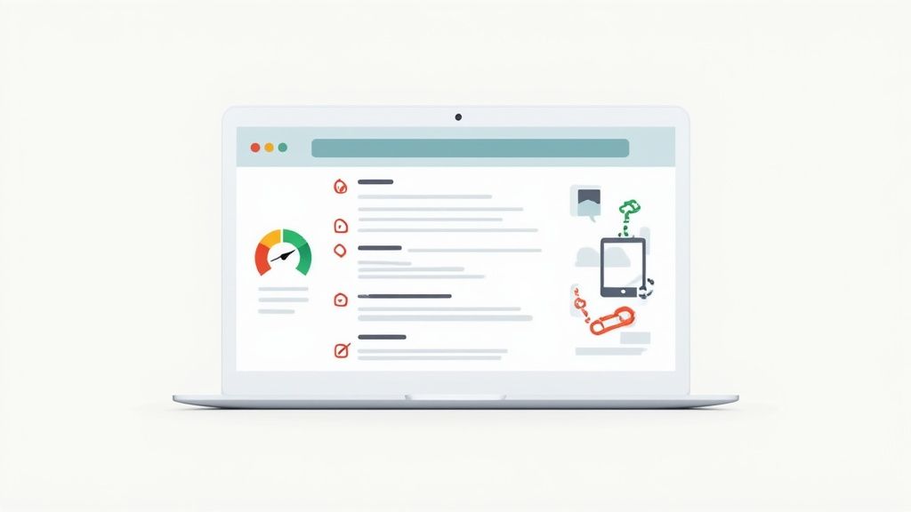 A laptop screen displays an SEO performance dashboard with a green speed gauge, task list, and mobile connectivity icons.