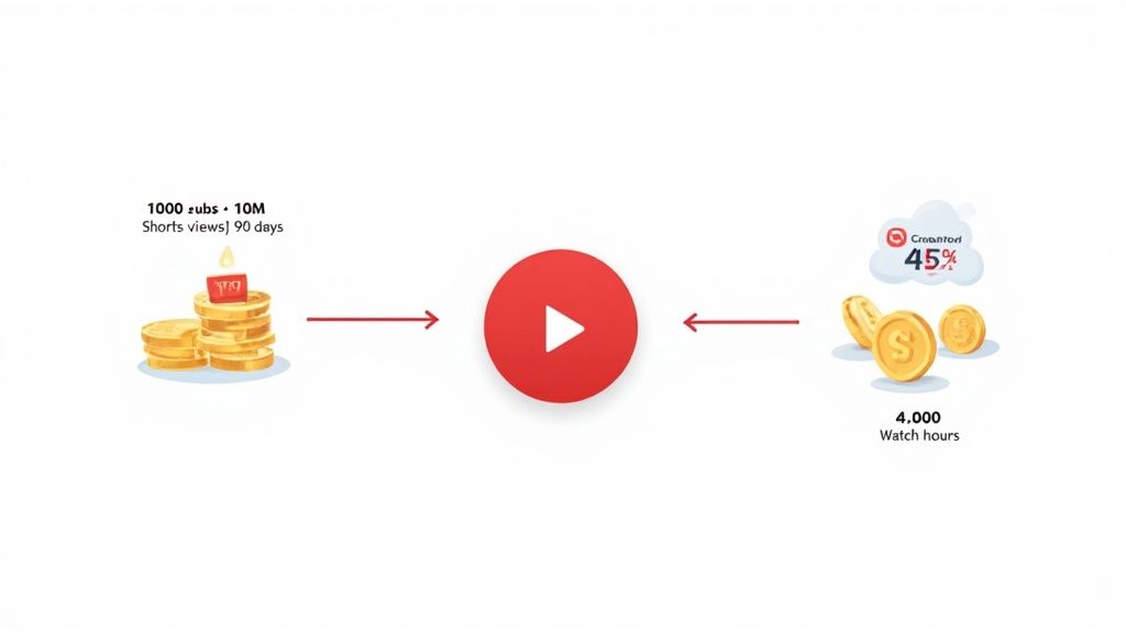 Diagram illustrating YouTube Shorts and long-form video monetization requirements and creator revenue share.