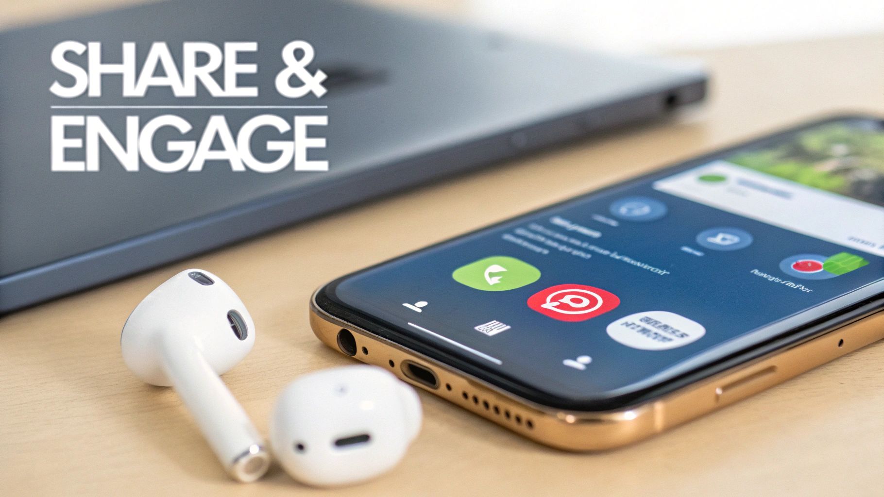 A smartphone displaying social media apps next to wireless earbuds with 'SHARE & ENGAGE' text.