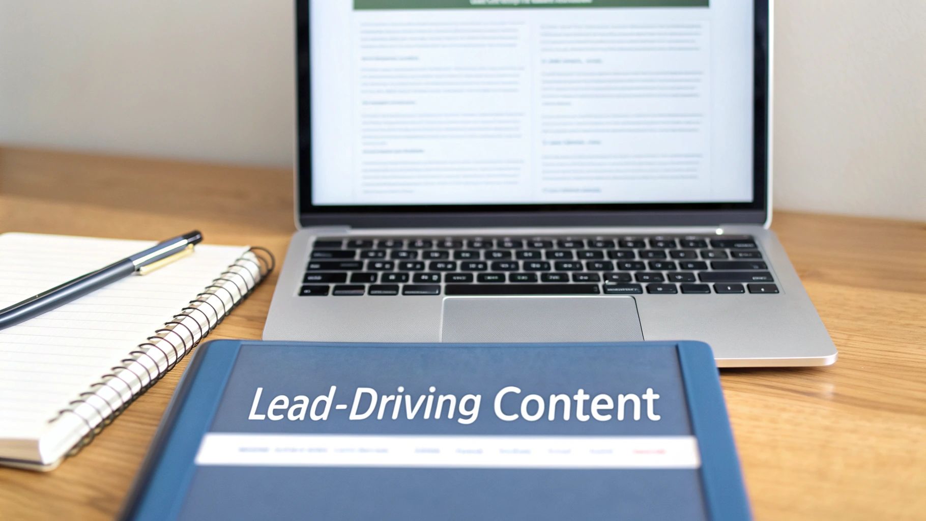 A professional desk setup with a laptop displaying content, a notebook, pen, and a folder titled 'Lead-Driving Content'.
