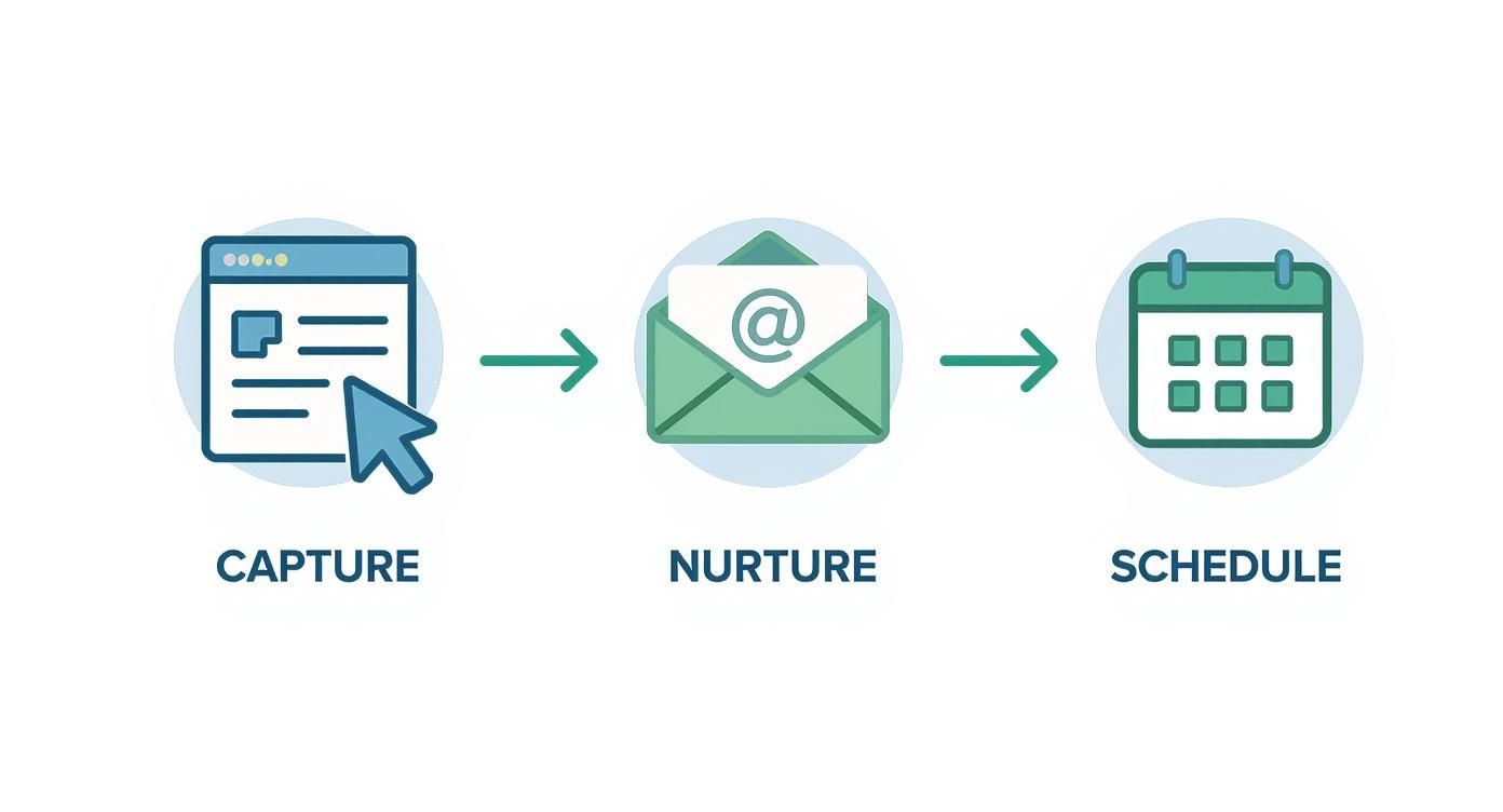 Marketing automation workflow diagram showing capture, nurture, and schedule stages with icons for web, email, and calendar