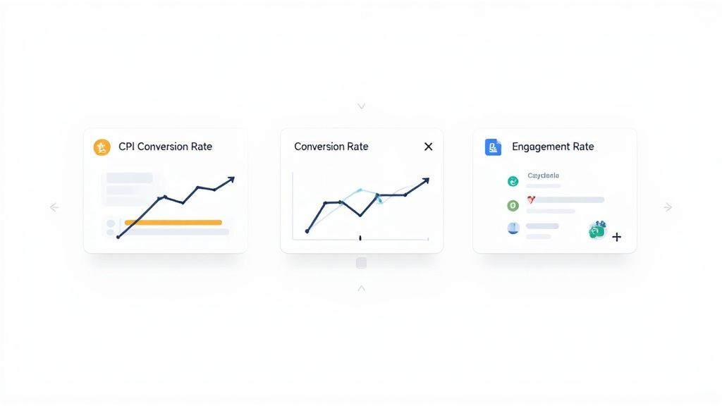 A digital dashboard displaying three cards with graphs for CPI Conversion Rate, Conversion Rate, and Engagement Rate.