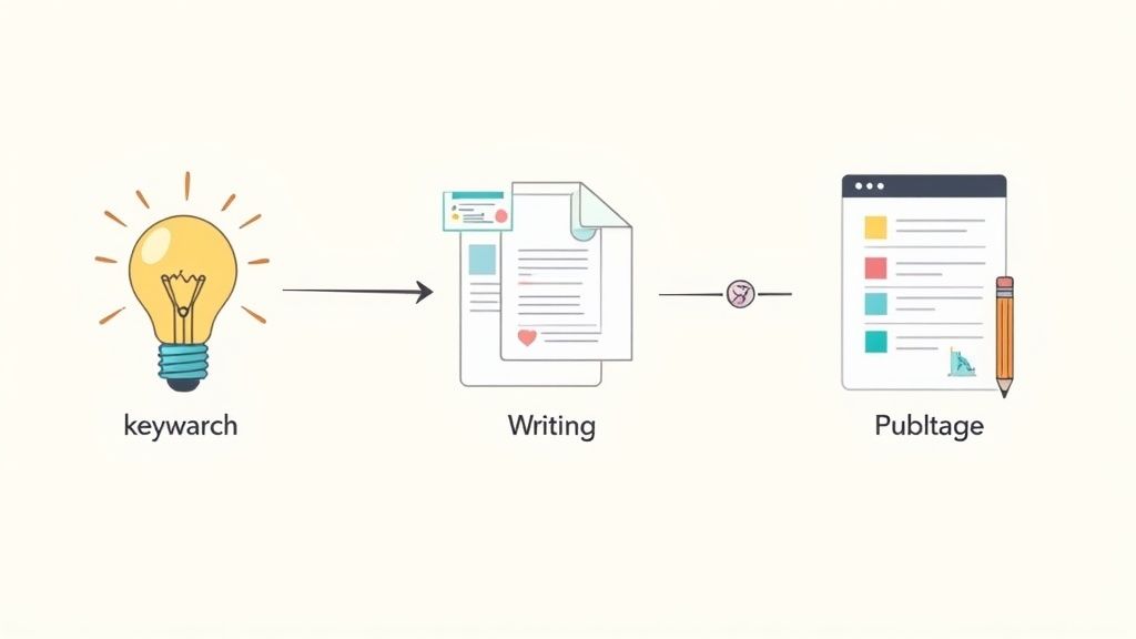 A visual representation of the content creation workflow: keyword research, writing, and publishing.