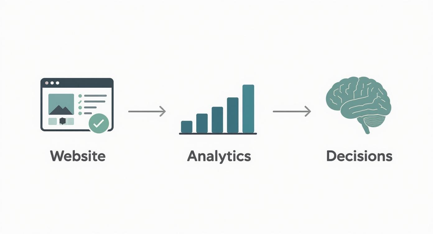 Workflow diagram showing website data flowing through analytics to inform business decisions with brain icon