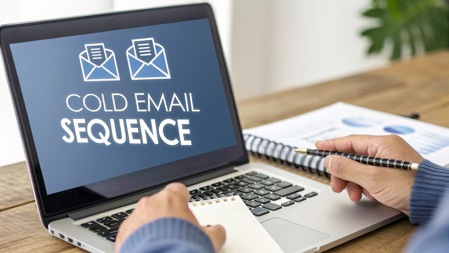 A person working on a laptop displaying 'COLD EMAIL SEQUENCE' with email icons, next to notebooks.