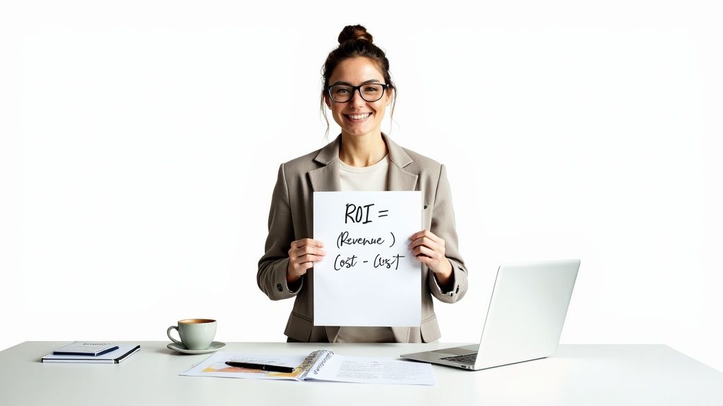 A smiling young professional woman in glasses holds a paper showing the ROI formula at a desk with a laptop and coffee.