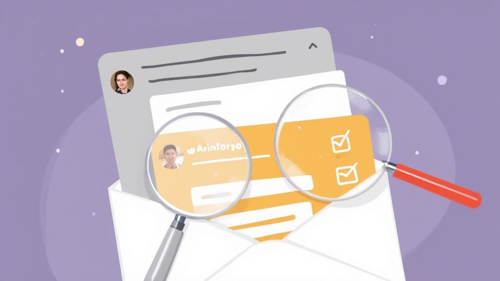 Magnifying glasses examining email newsletter with checkmarks and profile photos illustrating open rate analysis