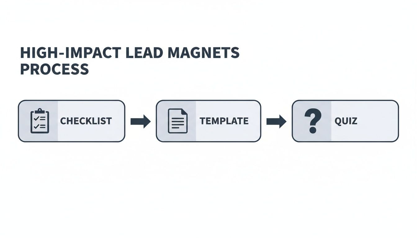 Flowchart illustrating high-impact lead magnets process: checklist, template, and quiz examples.