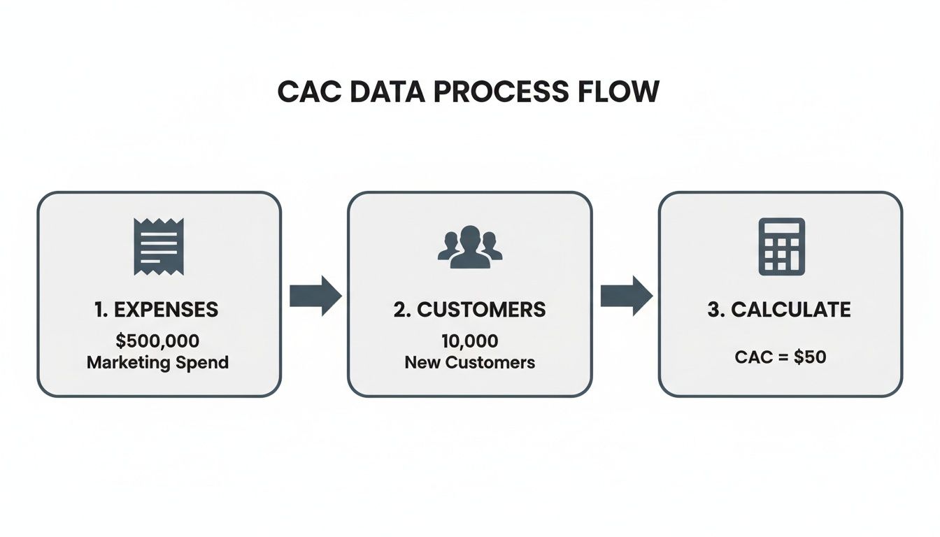 A flowchart showing the CAC data process flow: Expenses ($500,000), Customers (10,000), and Calculation (CAC = $50).