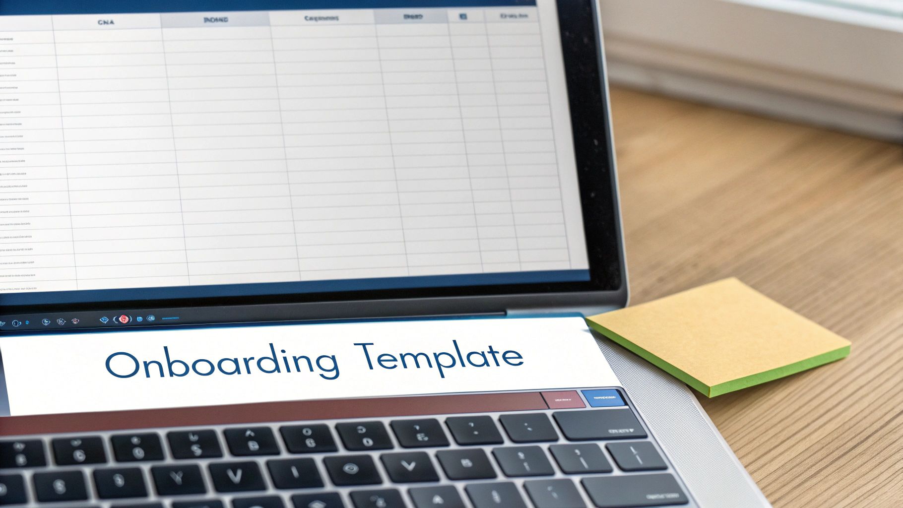 A laptop displaying a spreadsheet, with a paper note reading "Onboarding Template" in the foreground.