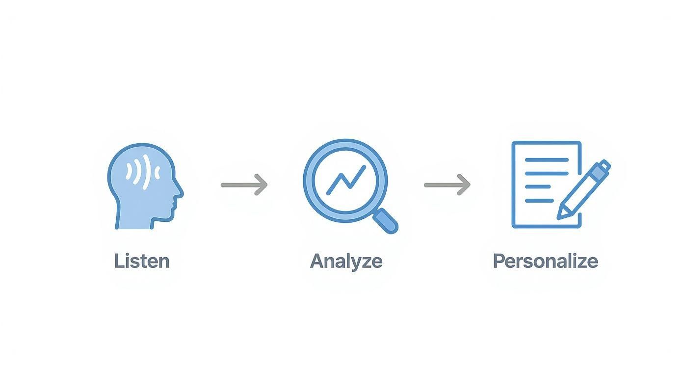 Infographic showing a three-step process flow for pre-proposal work Listen, Analyze, Personalize.