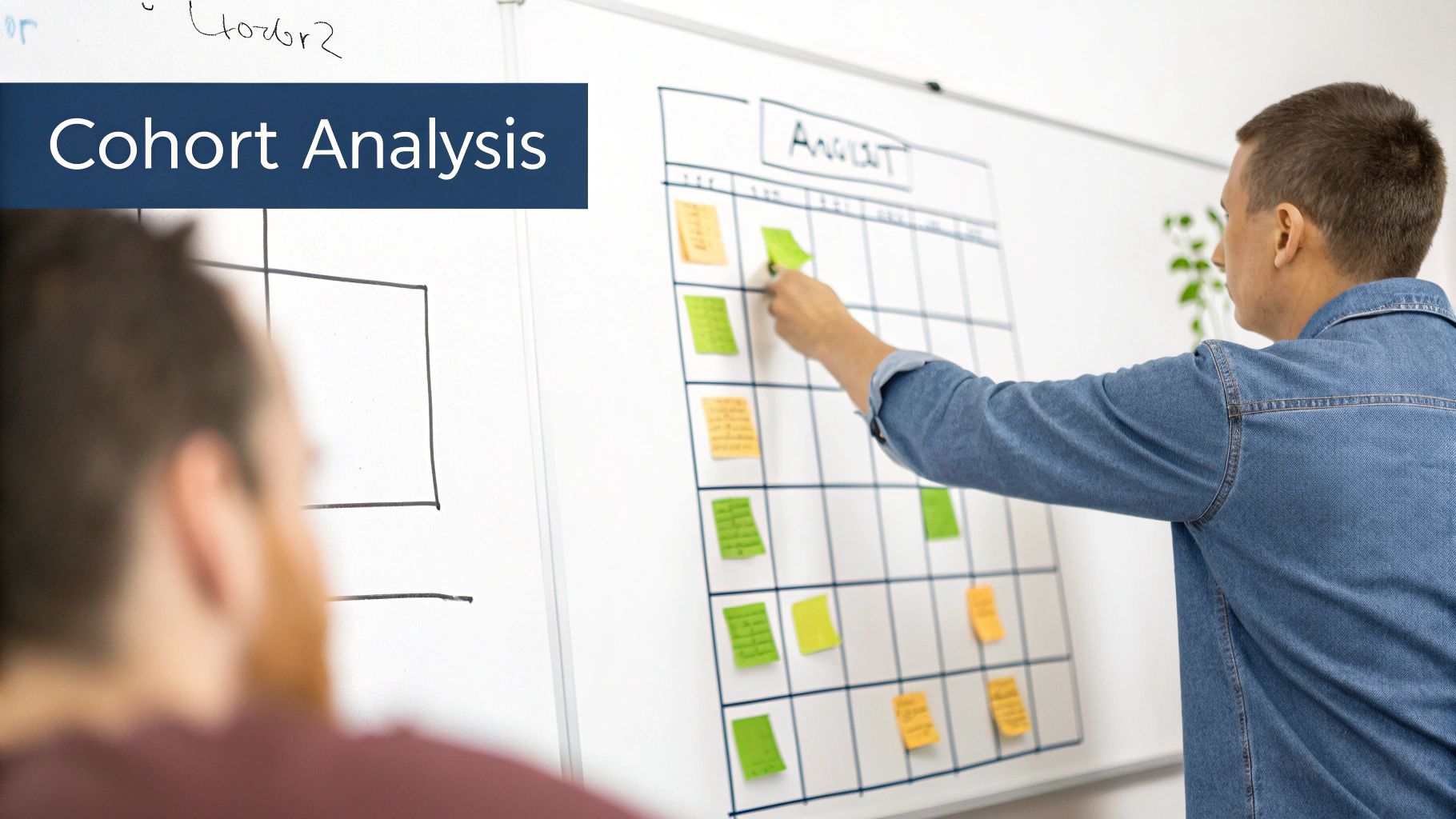 Two men collaborating on a whiteboard with sticky notes, labeled 'Cohort Analysis' for data visualization.