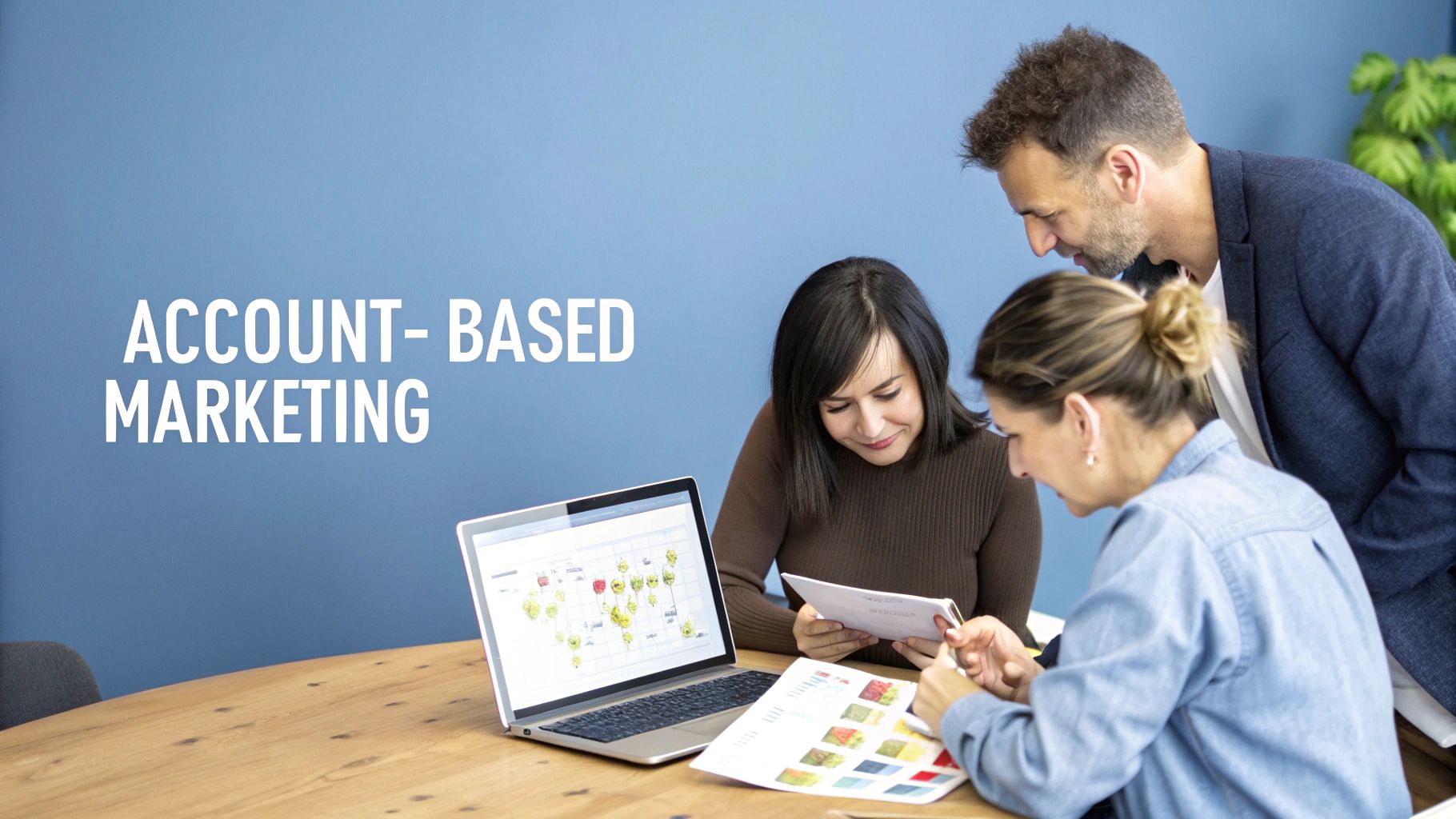 Three business professionals discussing account-based marketing strategies around a laptop and documents.