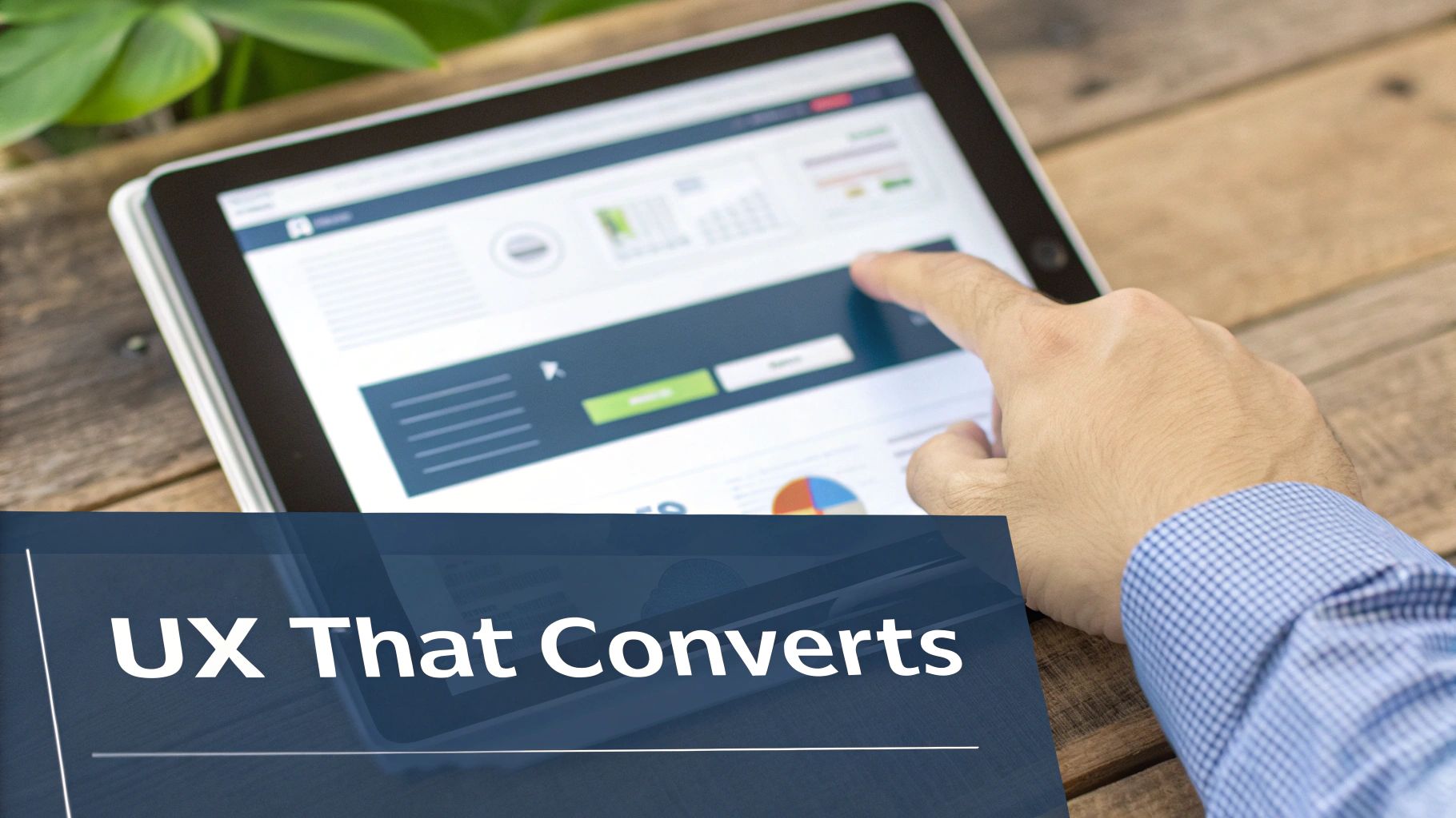 A hand taps a tablet screen displaying a business analytics dashboard for UX conversion.