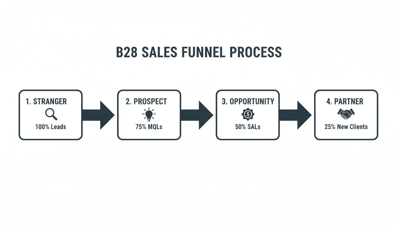 A B2B sales funnel process diagram showing four stages: Stranger, Prospect, Opportunity, and Partner with conversion rates.