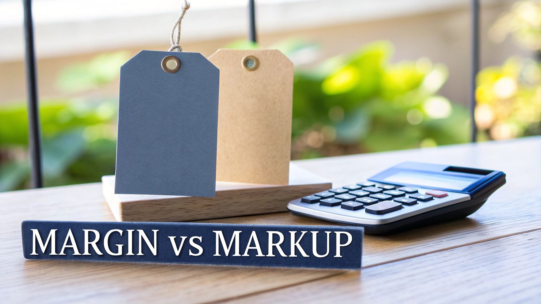 Two price tags, a calculator, and a block with 'MARGIN vs MARKUP' text on a wooden surface.