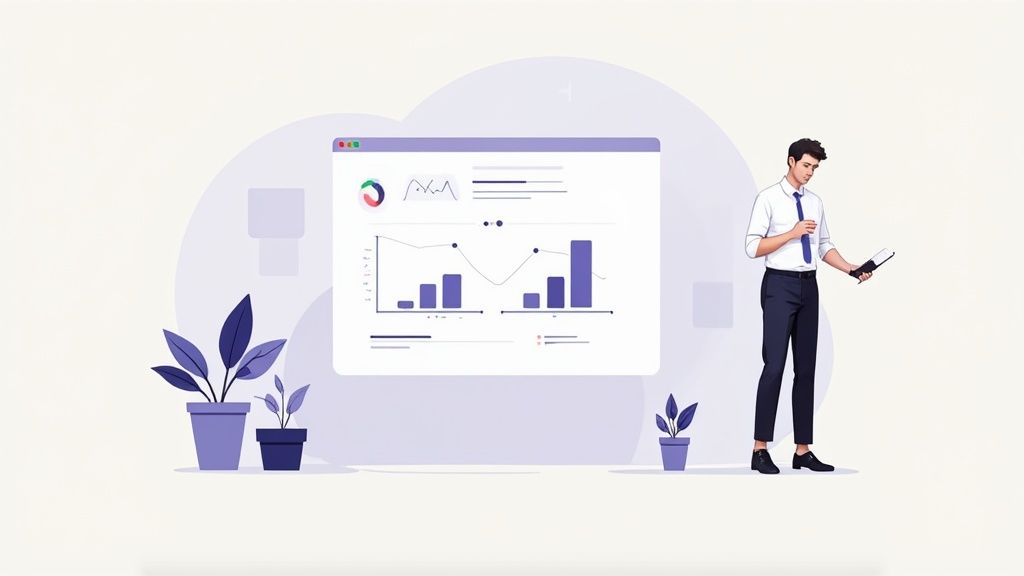 Business professional presenting analytics dashboard with charts and graphs for data-driven insights