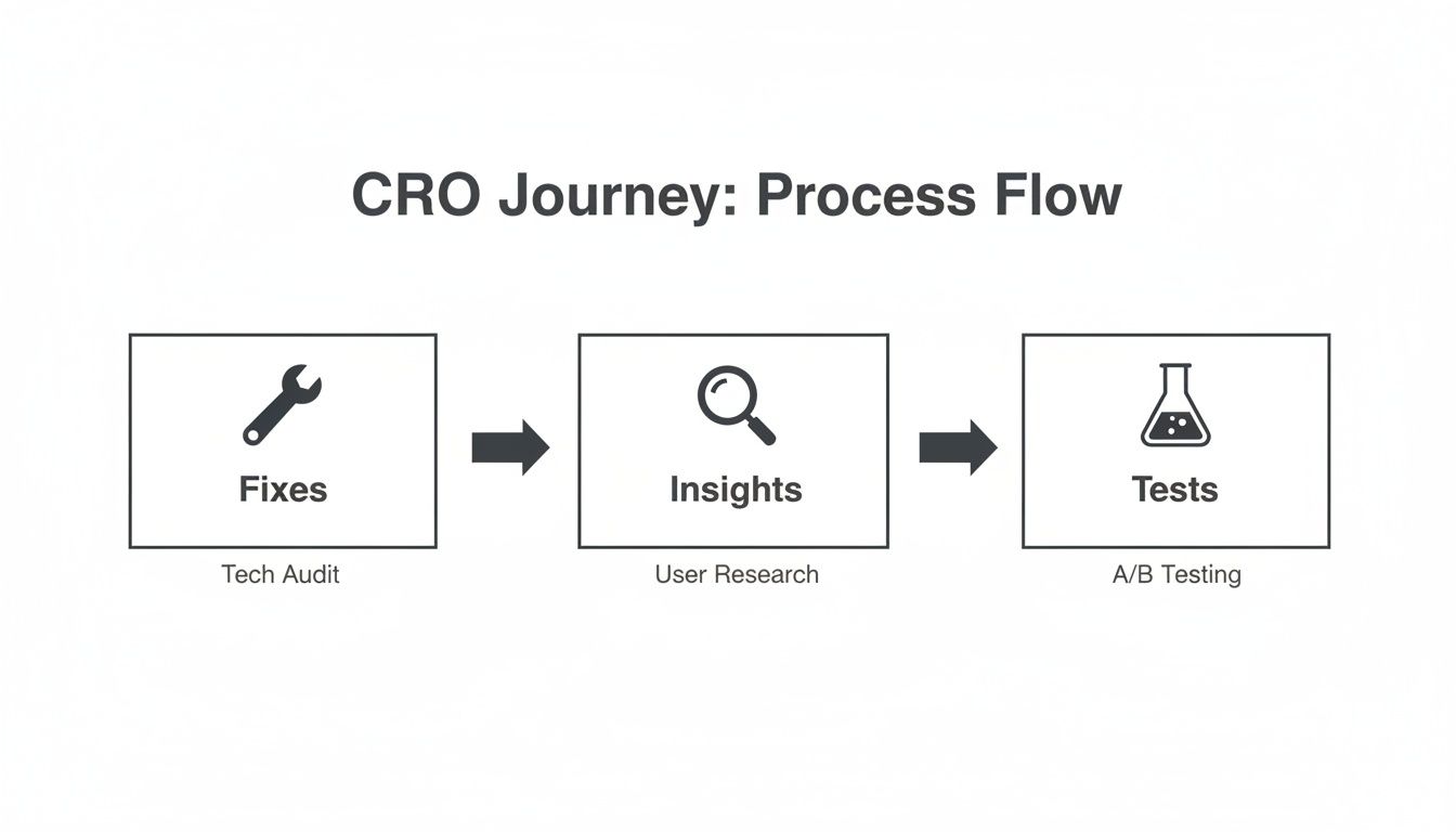 A diagram illustrating the CRO journey: Fixes (Tech Audit), Insights (User Research), and Tests (A/B Testing).
