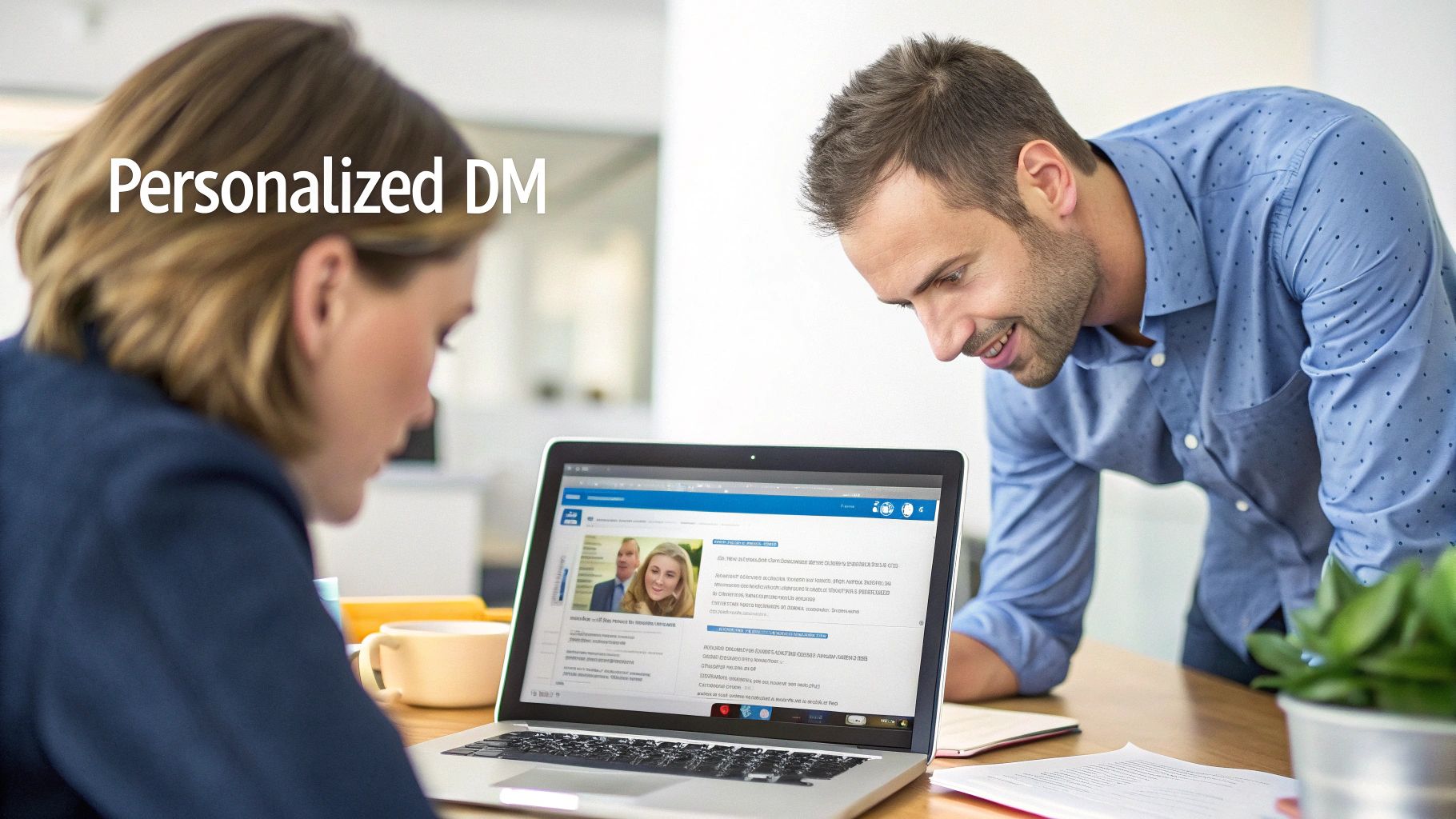 Two smiling professionals look at a laptop screen with "Personalized DM" text overlay, reviewing digital content.