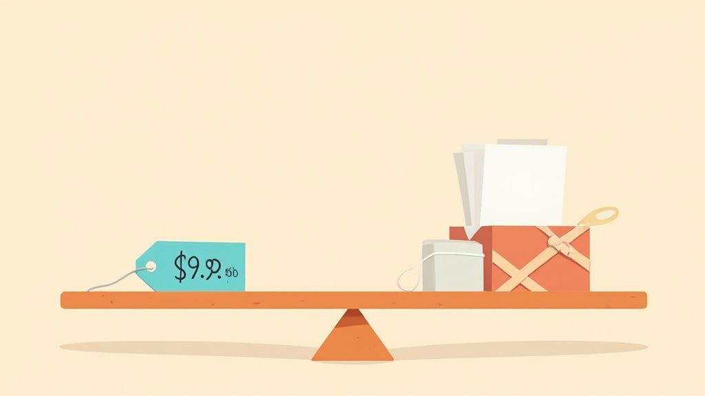 A person thoughtfully looking at a series of floating price tags with dollar signs.