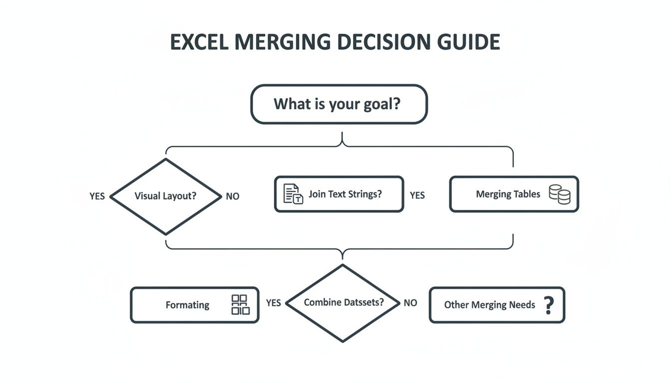 A flowchart, 'Excel Merging Decision Guide,' helps users choose the right merging method.