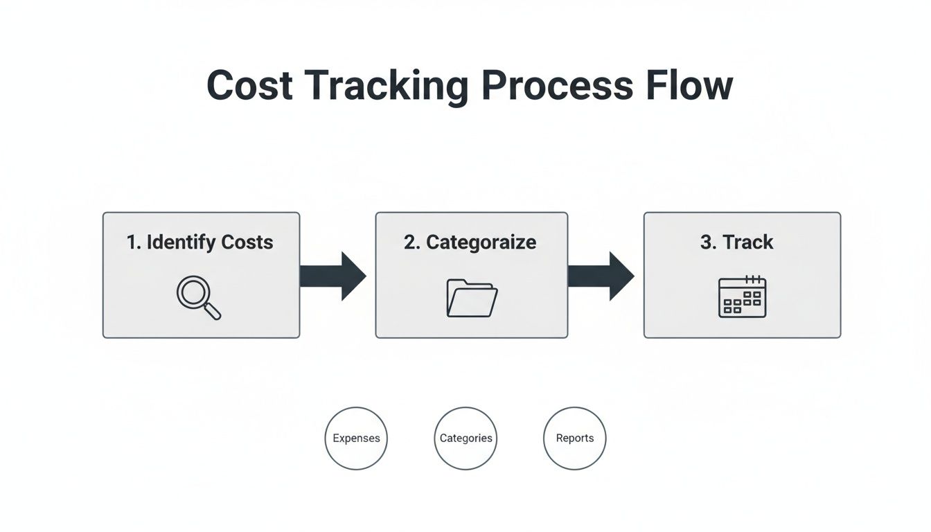 A cost tracking process flow diagram illustrating three main steps: Identify Costs, Categorize, and Track.