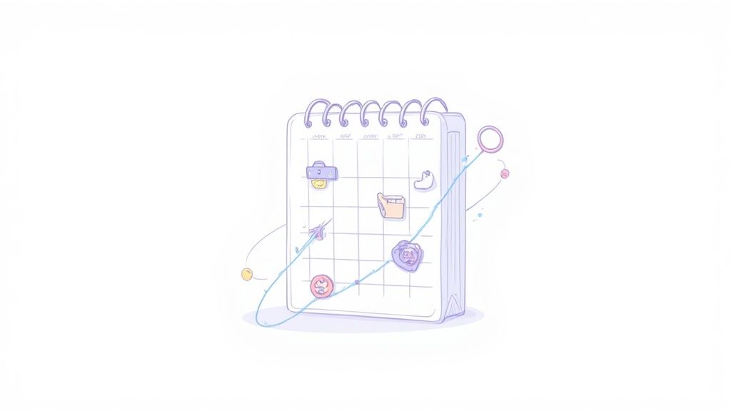 Whimsical cartoon calendar with various icons tracking tasks and progress on a light background.
