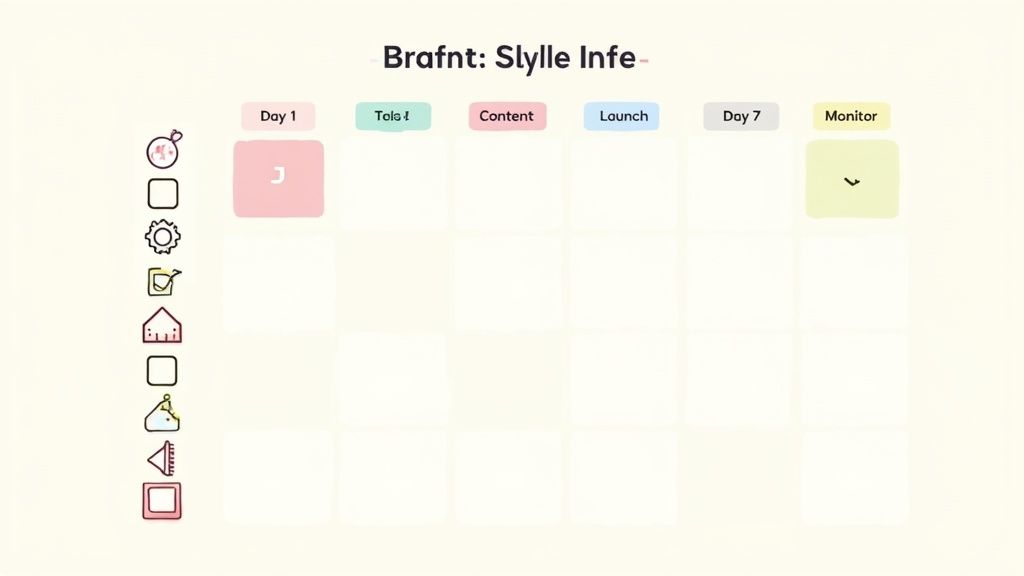 A minimalist marketing plan calendar or schedule, showing content, launch, and monitoring stages.