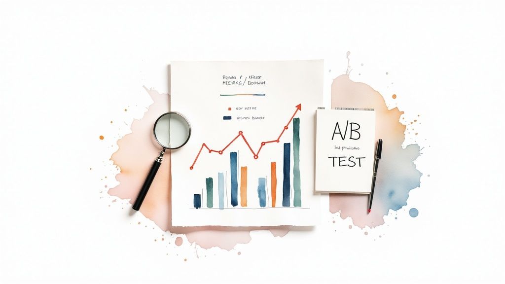 A magnifying glass, a rising bar chart, and an A/B test notebook on a watercolor background.