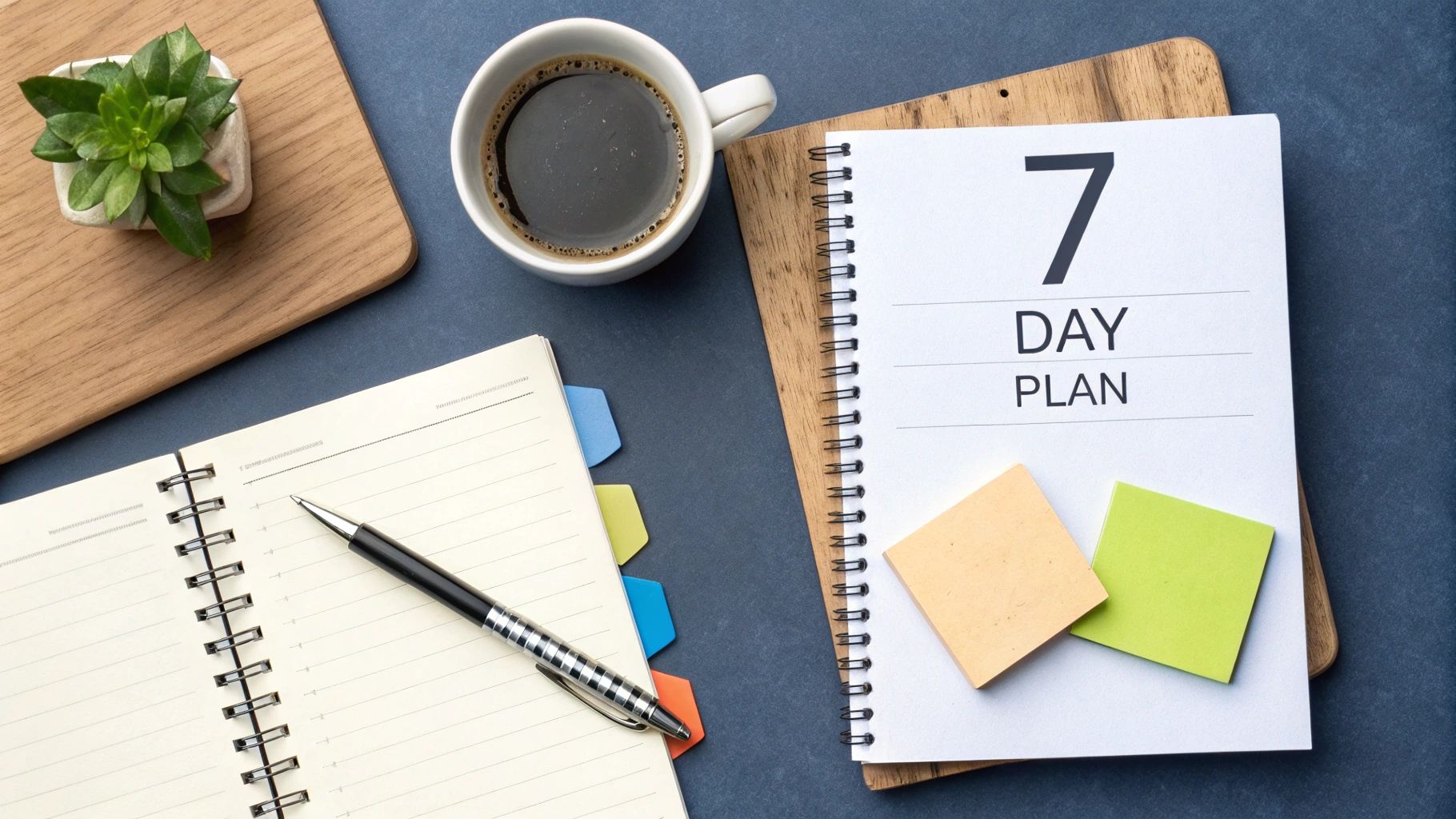 Flat lay of a workspace with coffee, a succulent, a pen, and two notebooks, including a '7 DAY PLAN'.
