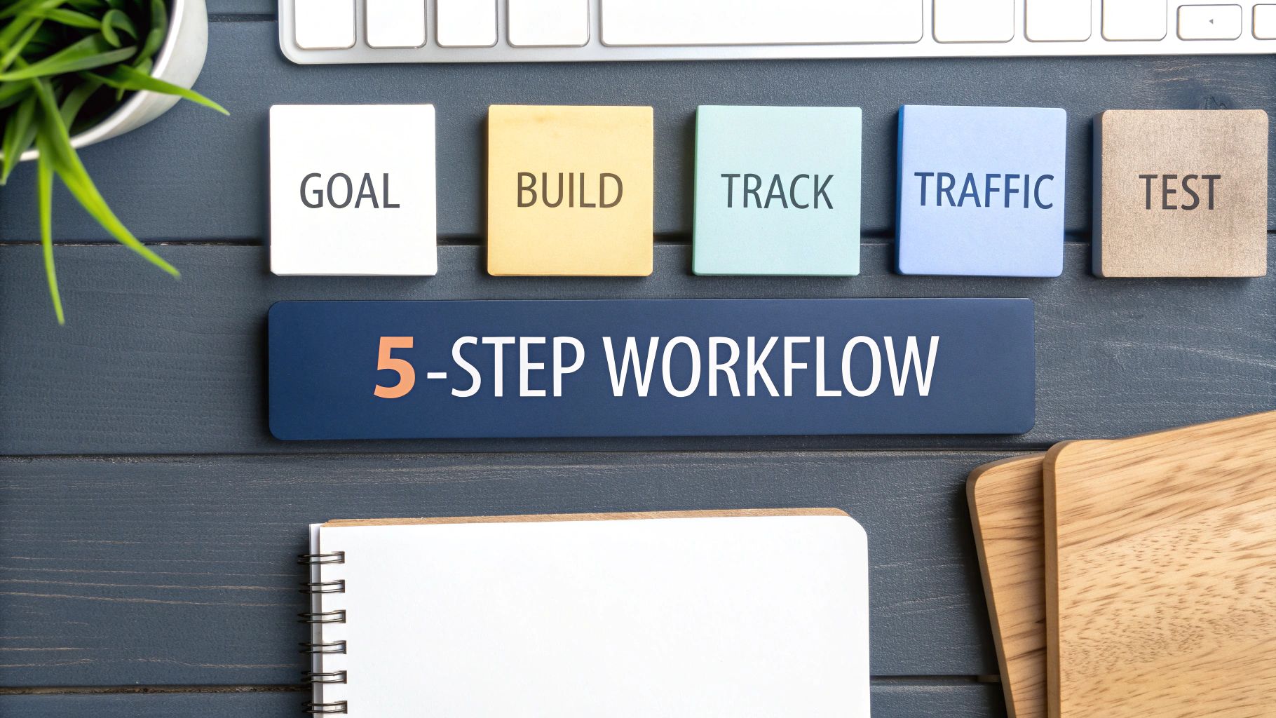 Desk flat lay showing a 5-step workflow: Goal, Build, Track, Traffic, Test.