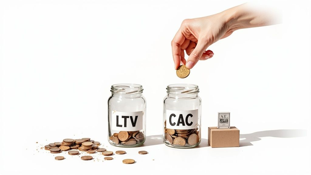 A hand drops a coin into a jar labeled 'CAC', next to an 'LTV' jar and a pile of coins.