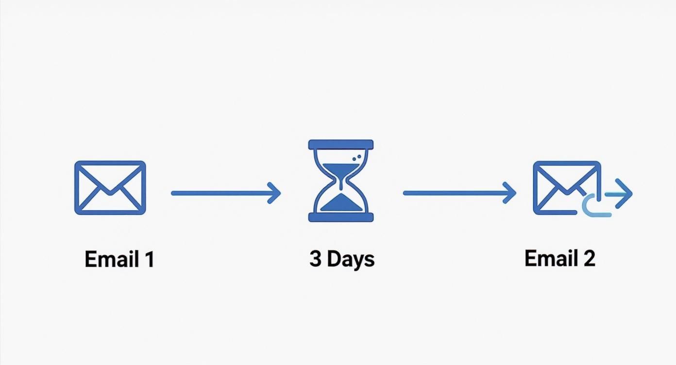 A visual representation of an email sequence: Email 1, followed by a 3-day delay, then Email 2.