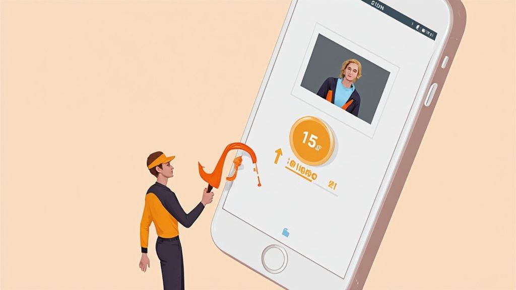 A person's finger hovering over a smartphone screen, about to scroll, with a YouTube video thumbnail paused, illustrating the importance of a scroll-stopping hook.