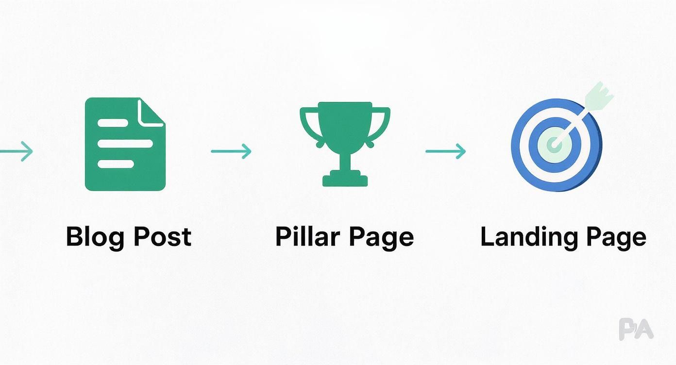 A process flow infographic showing how a content brief can be adapted for a blog post, a pillar page, and a landing page.