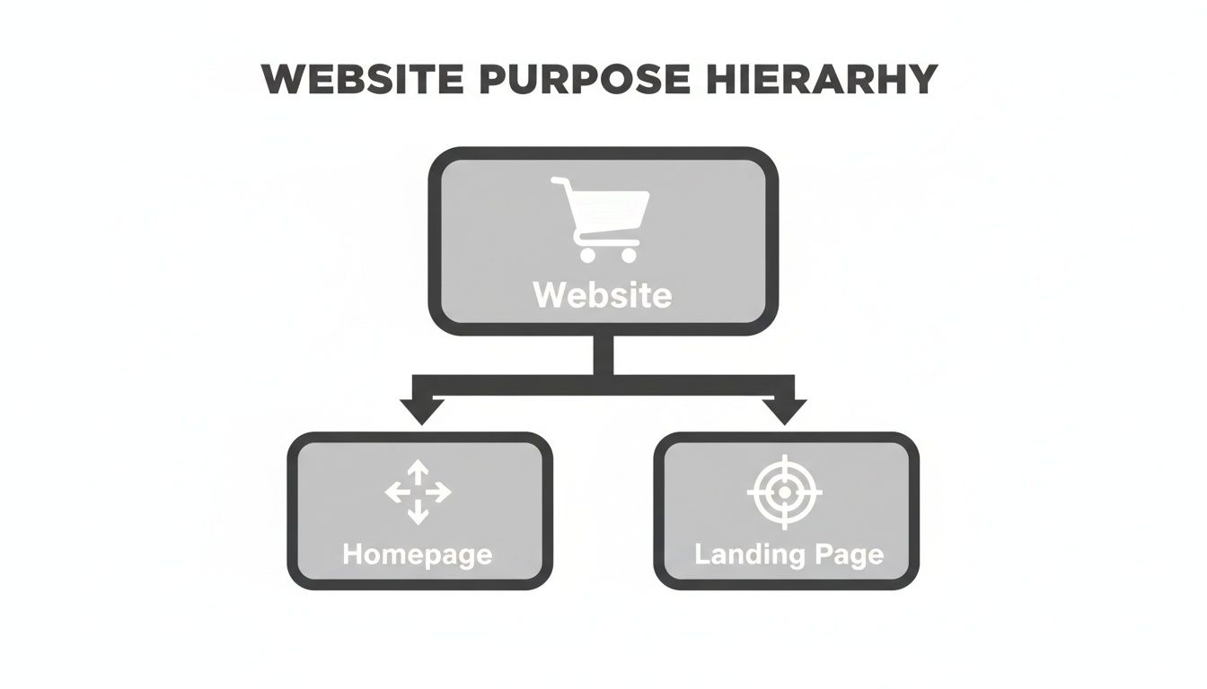 Diagram illustrating the website purpose hierarchy, showing a website branching into a homepage and a landing page.