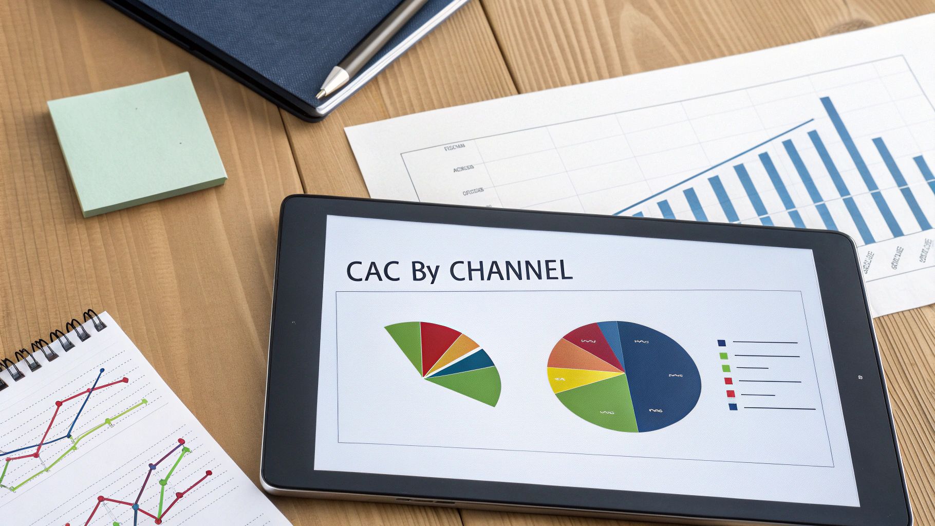 A tablet displays 'CAC By CHANNEL' data with pie charts on a wooden desk with other graphs.