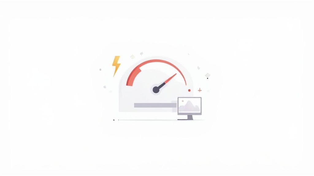 Illustration of a speedometer, lightning bolt, and monitor with a graph, signifying high speed and optimization.