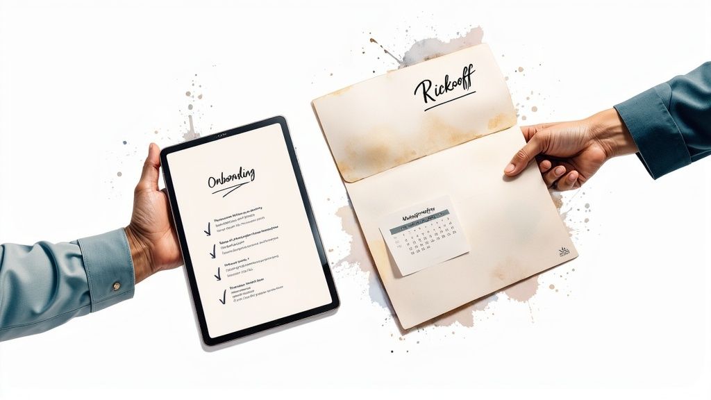 Hands hold a tablet displaying 'Onboarding' and a folder labeled 'Rickooff' with a calendar.