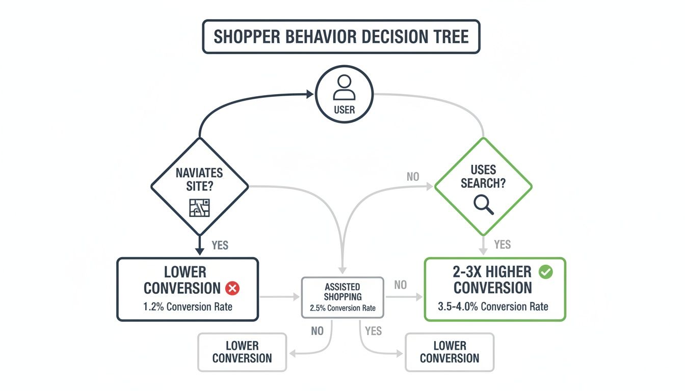 Decision tree illustrating shopper behavior: site navigation leads to lower conversion, while search yields higher.