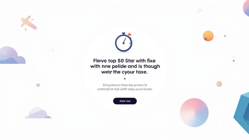 A modern website landing page design featuring a stopwatch icon, placeholder text, and abstract background elements.